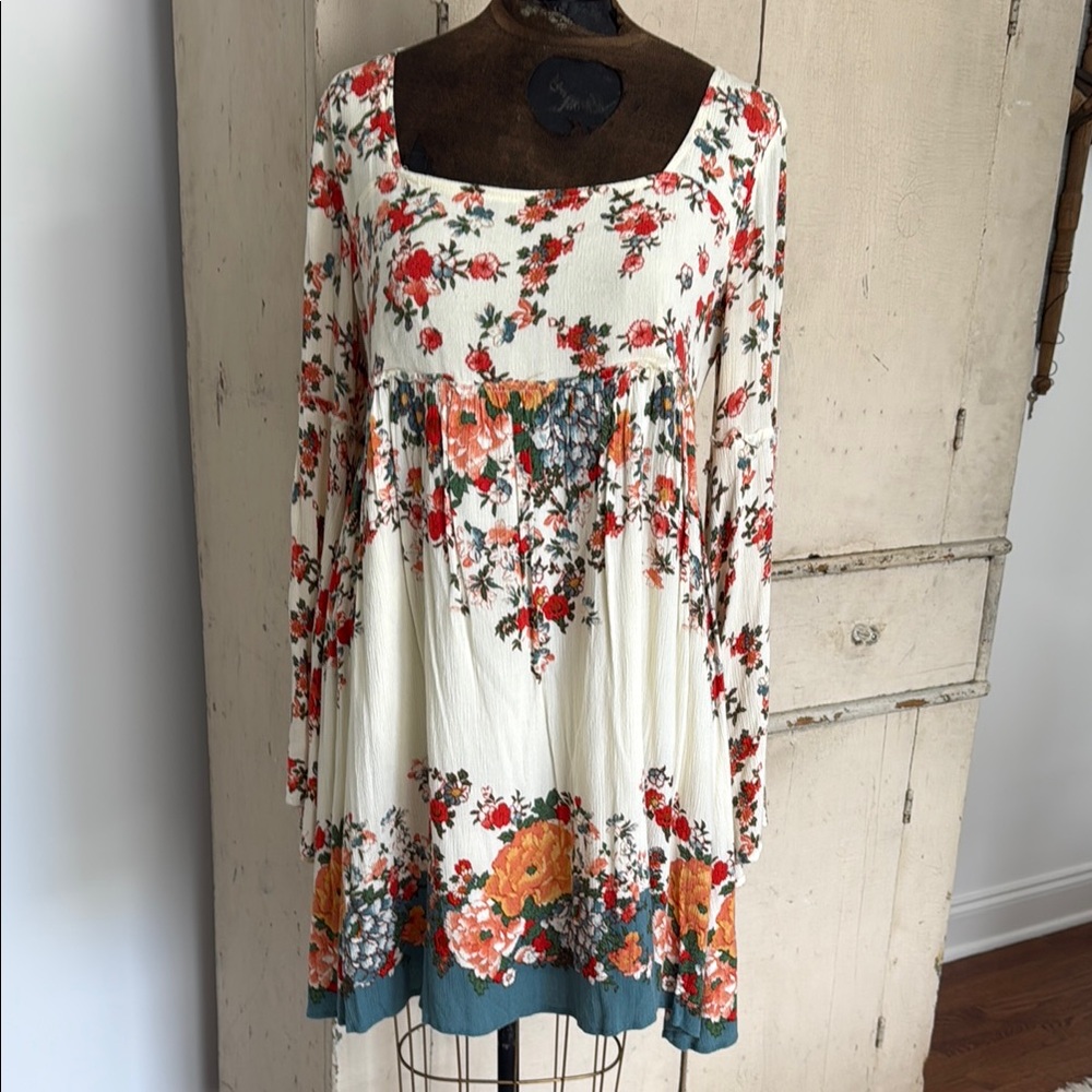 Vintage Free People Cream, Orange, Red, Aqua Floral Mini Dress with Bell Sleeves